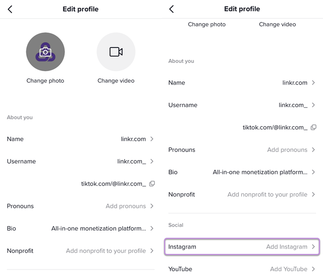 Add Instagram handle to your TikTok profile.