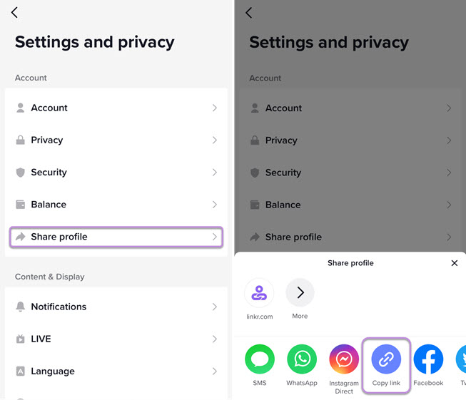 how to copy your profile link on tiktok