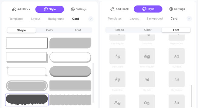 Customize card shapes and fonts