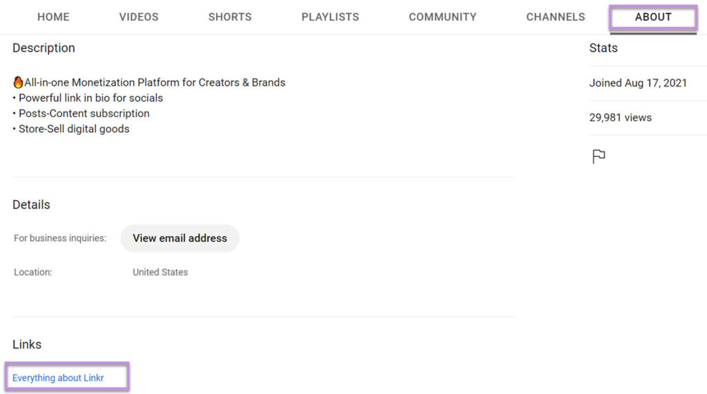 Adicione a sua página do Linkr à seção de Sobre do YouTube
